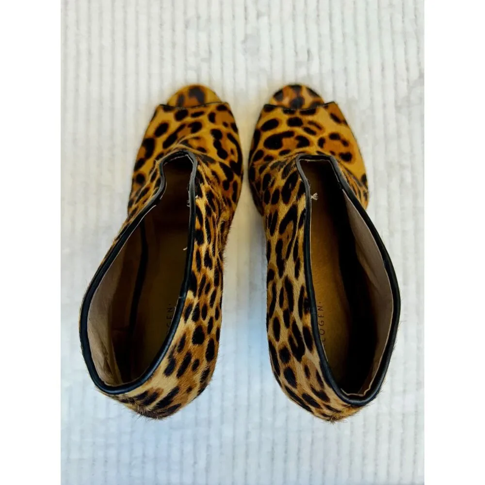 HALOGEN Genuine Calf Hair Leopard Peep Toe Booties, Sz 8.5M